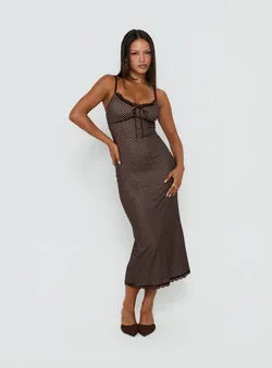 Delaney V Neck Frill Midi Dress Brown / Pink Polka Dot