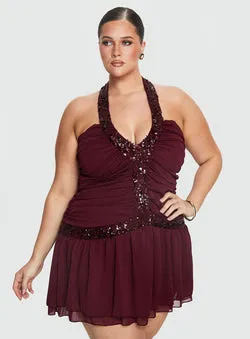 Aisleigh Sequin Halter Mini Dress Berry Curve
