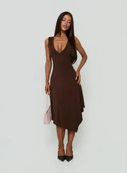 Louisia V Neck Hanky Hem Midi Dress Brown