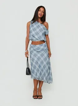 Sabbine Asymmetrical Midi Skirt Blue Check