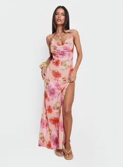 Sibellah Beaded Cowl Neck Maxi Dress Pink Multi