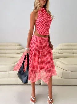 Scenic Route Asymmetrical Midi Skirt Red Check