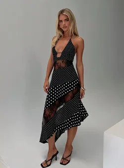 Down With Love Asymmetrical Midi Dress Black / White Polka Dot