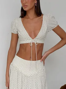 Alletta Tie Up Micro Crop Top Cream Polka