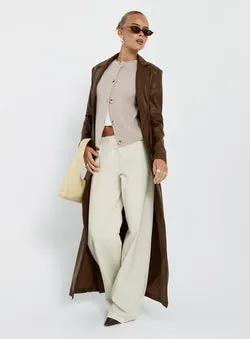 Speak Easy Long Line Faux Leather Coat Brown