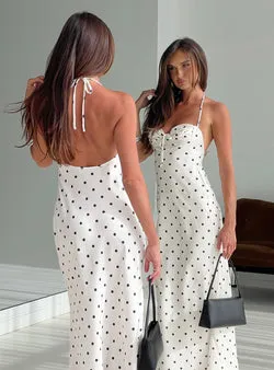 Costella Halter Satin Maxi Dress Cream Polka Dot