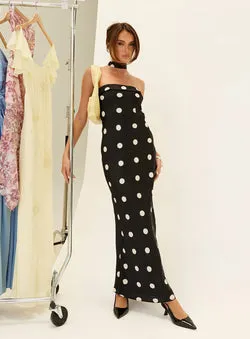 Madilaine Strapless Scarf Maxi Dress Black / Polka Dot