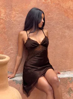 Raines Asymmetrical Lace Mini Dress Brown