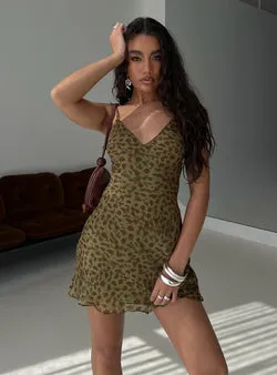 Ailyn V-neck Mini Dress Green Leopard