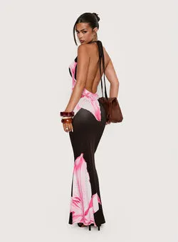 Kanara Halter Plunge Maxi Dress Chocolate / Pink Floral