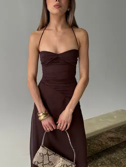 Kaemila Halter Chiffon Maxi Dress Brown