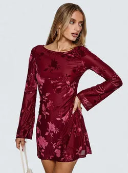 Lukea Long Sleeve Mini Dress Burgundy Burnout