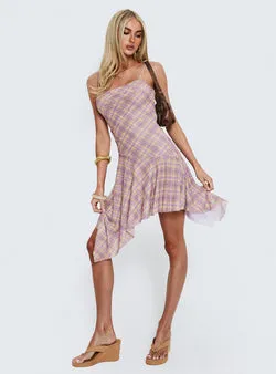 Celinda Asymmetrical Midi Dress Pink Multi Check