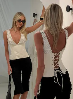 Briannah Contrast Corset Top Cream Polka Dot