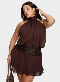 Zenayda Drop Waist Sequin Mini Dress Brown Curve