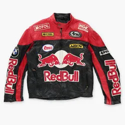 RED BULL Leather Patch Racing Red & Black Motorcycle Jacket (S)