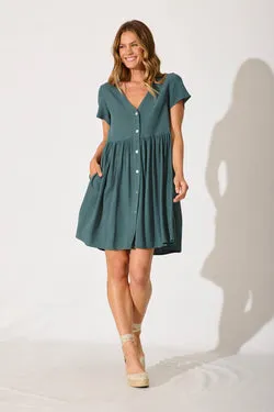 Horizon Smock Dress In Green Linen Blend