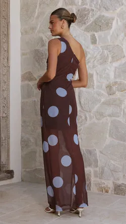 Cataleya Mesh Maxi Dress - Brown / Blue Polka Dot