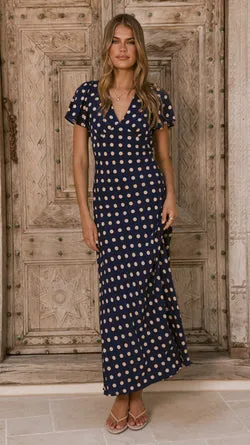 Georgianna Flutter Sleeve Maxi Dress - Navy/Cream Spot