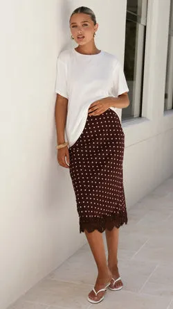 Ria Midi Skirt - Burgundy/Pink Polka