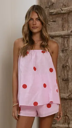 Calliope Strapless Top and Shorts Set - Pink/Red Polka