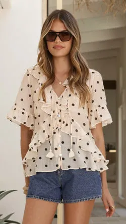 Eliana Top - Beige/Black Polka Dot