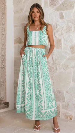 Jasmine Maxi Skirt - Green Aztec