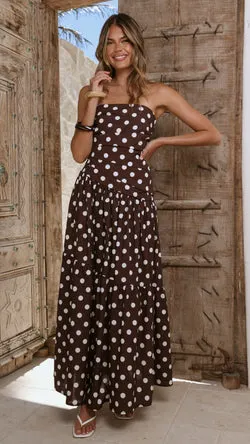 Lyra Maxi Dress - Brown/White Polka Dot