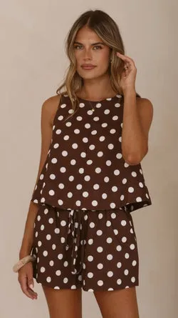 Charmain Top - Chocolate/White Polka Dot