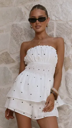 Ziva Strapless Top and Shorts Set - White Polka