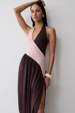 Nari Halter Gathered Maxi Dress - Muted Pink/Dark Chocolate