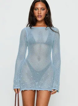 Rain Music Long Sleeve Beaded Knit Mini Dress Blue