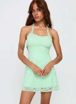 Front Page Halter Lace Mini Dress Aqua
