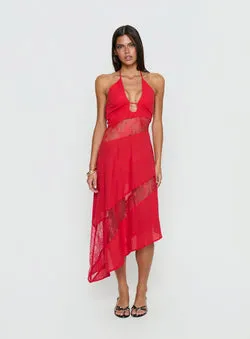 Down With Love Asymmetrical Midi Dress Red