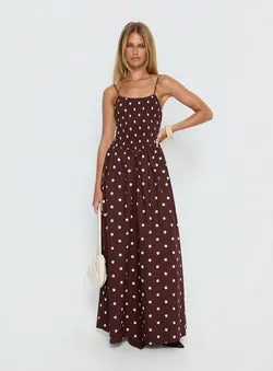 Ryna Scoop Maxi Dress Brown Polka Dot