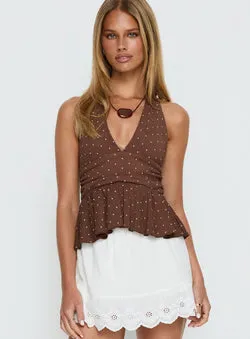 Xalira Frill Halter Top Brown Polka