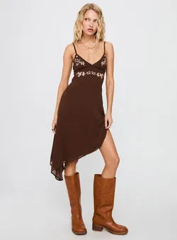 Secret Gardens Asymmetrical Midi Dress Brown
