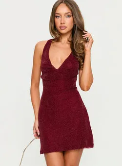 Hypnotise Ruched Halter Mini Dress Burgundy Shimmer