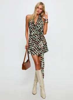 Brissa Halter Wrap Mini Dress Brown Multi
