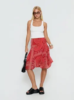Raenah Asymmetrical Midi Skirt Red Paisley