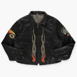 Vintage DAVOUCCI 'Off Road Race' Embroidered Flame Black Leather Motorcycle Jacket (S)