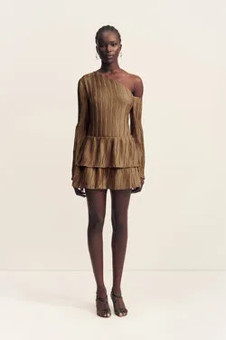 LEDA TEXTURED SATIN LAYERED MINI SKIRT - OAK