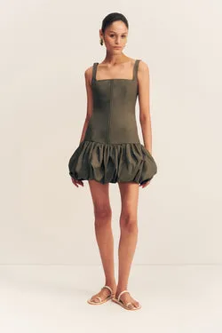 MAIORI SQUARE NECK BUBBLE MINI DRESS - ARMY GREEN