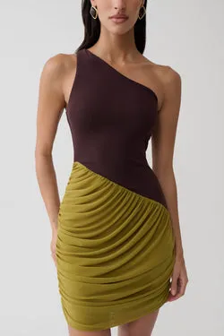 Halo Asymmetric Two Toned Mini Dress - Green/Chocolate