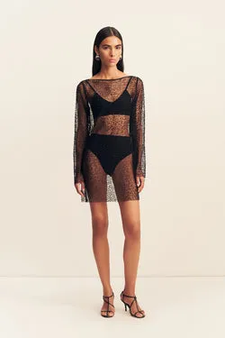 MONA BEADED LONG SLEEVE MINI DRESS - BLACK