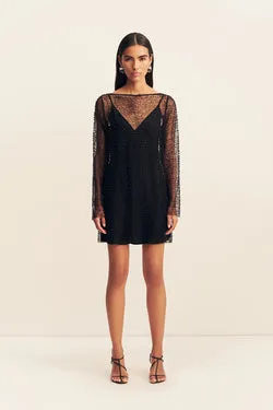 MONA BEADED LONG SLEEVE MINI DRESS - BLACK