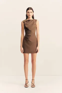 ASHER DRAPED MINI DRESS - SADDLE