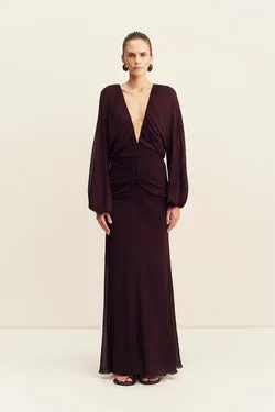 AMINA GATHERED LOW PLUNGED MAXI DRESS - WINE TASTING