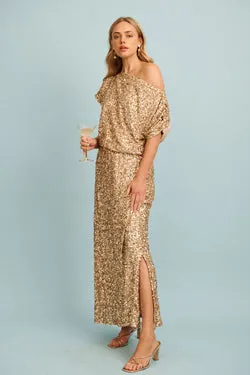 Amiri Off Shoulder Maxi Dress in Gold Sequin