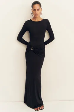 MIRO SLINKY JERSEY GATHERED MAXI DRESS - BLACK